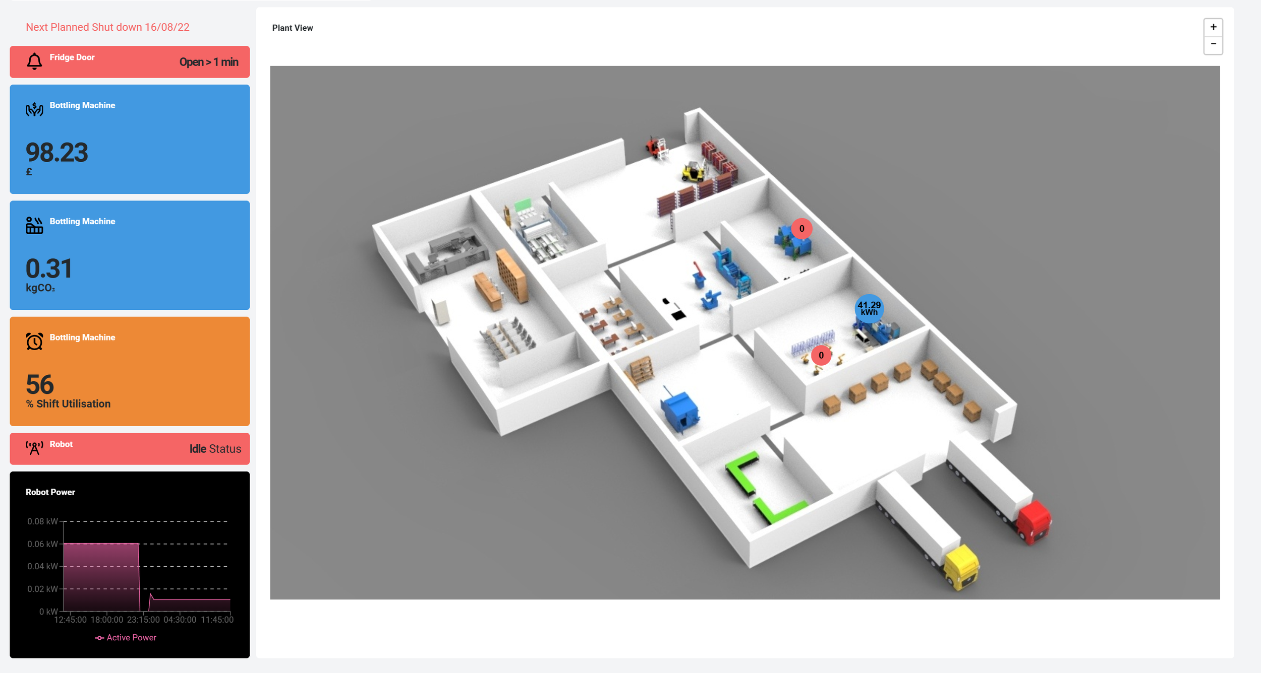 A 3D floor plan of a warehouse or industrial facility with various rooms and equipment, including storage shelves, workstations, and machinery, depicted in a digital layout with some marked alerts and statistics on the left side of the image.