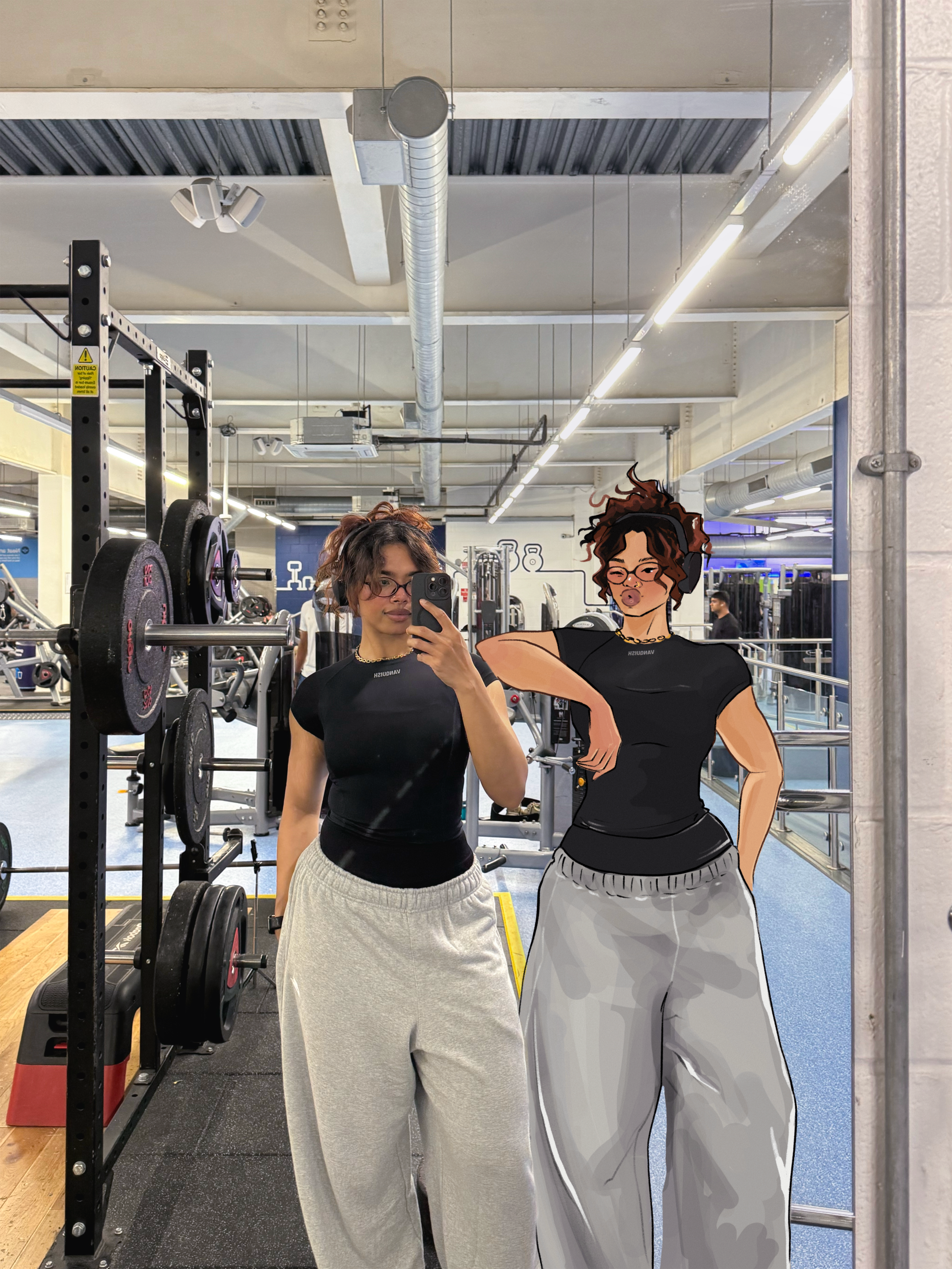 A woman taking a mirror selfie in a gym, with a cartoon illustration of another woman with curly hair and glasses superimposed next to her in the mirror.