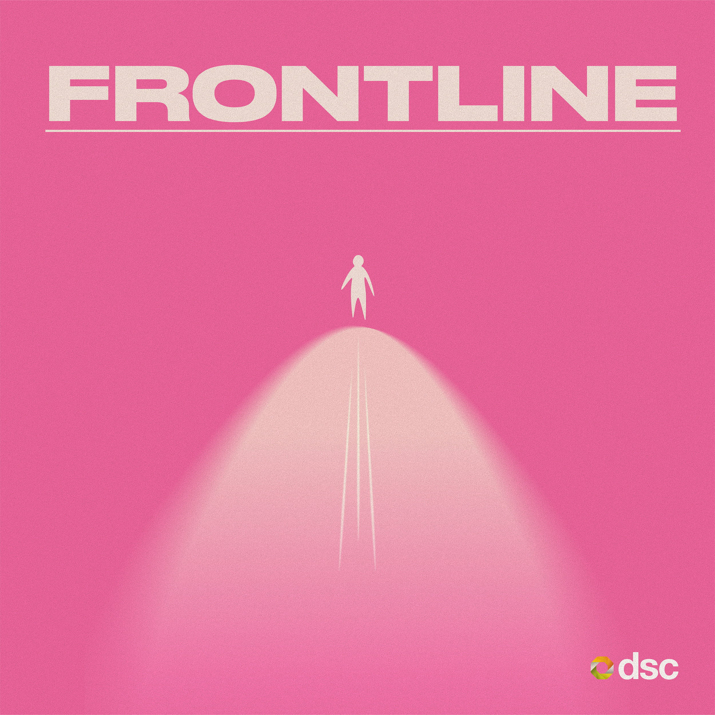 Pink background with a white silhouette of a person walking on a path and the word 'FRONTLINE' at the top.