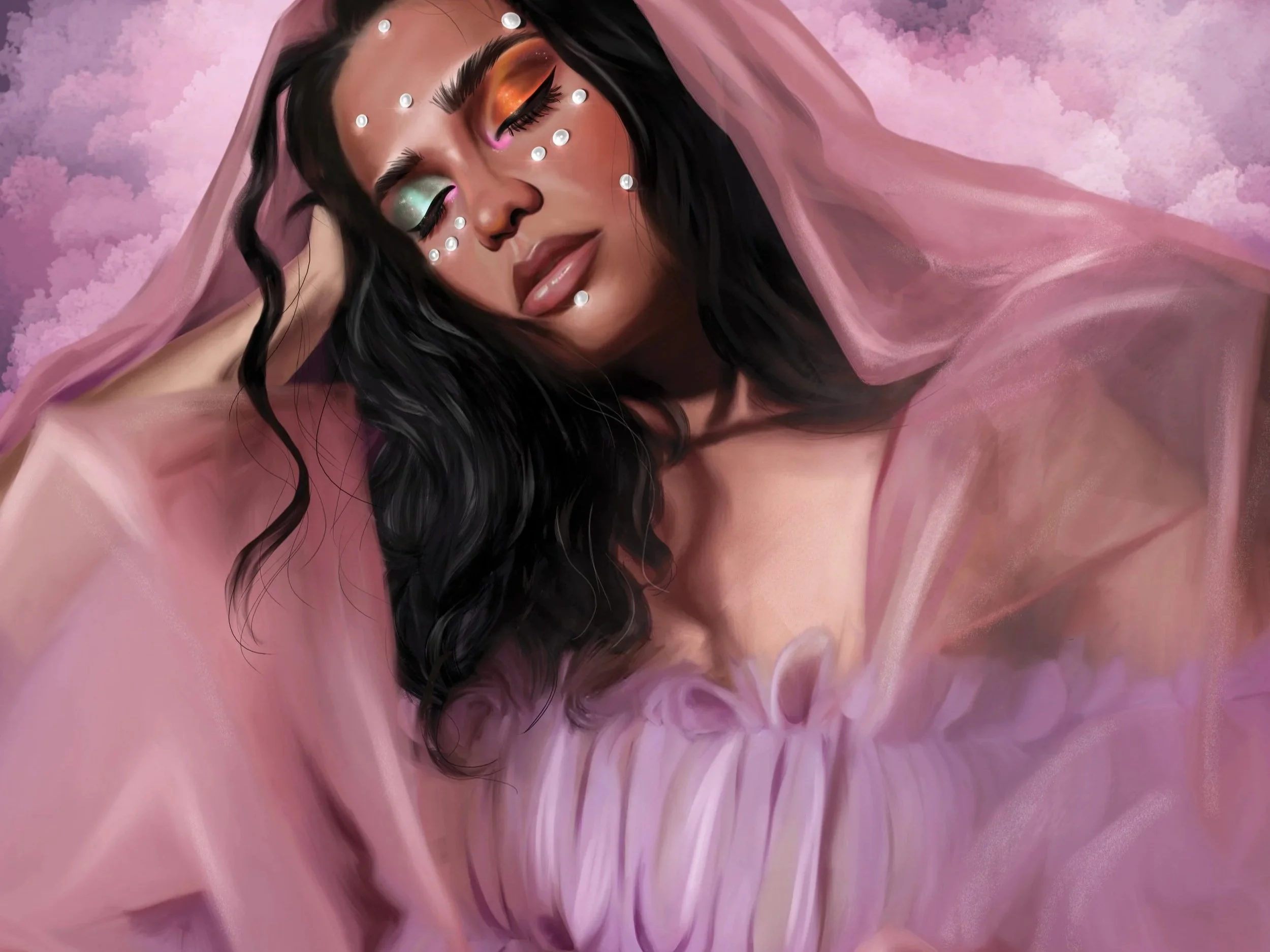 A woman with long dark hair, closed eyes, and colorful makeup, wearing a pink sheer garment with a hood, surrounded by pink clouds and pearls on her face.