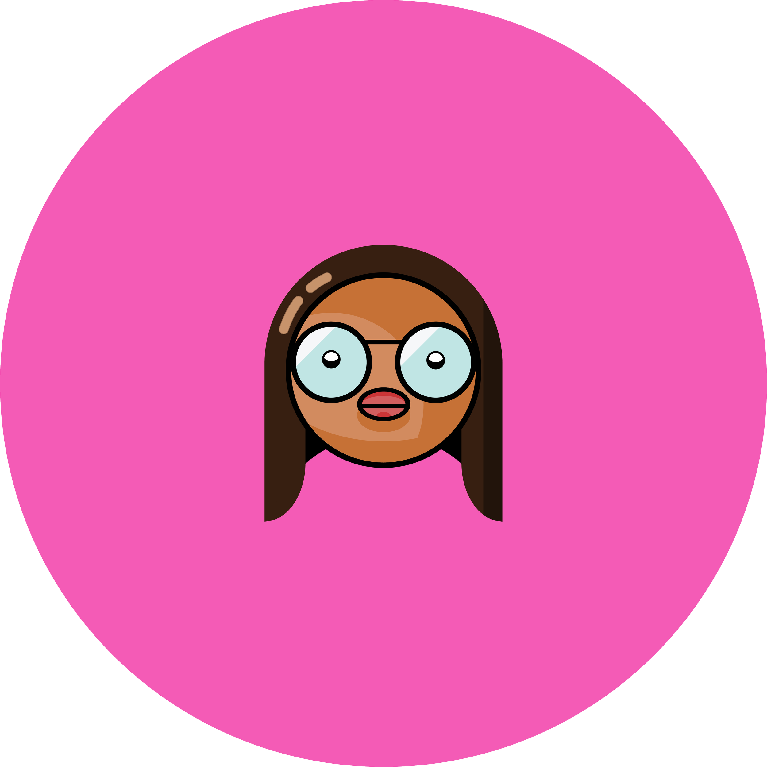 An emoji of a woman with long dark hair, wearing glasses, and with a surprised or shocked facial expression, on a pink circular background.