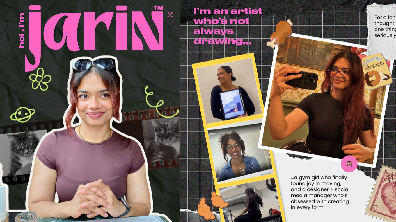 A collage featuring a young woman with long, wavy reddish-brown hair, wearing glasses and a black t-shirt, taking a selfie. She is surrounded by various photos of herself, decorative stickers, and handwritten notes. The background includes a black grid pattern, doodles, and photos of cats and artwork.