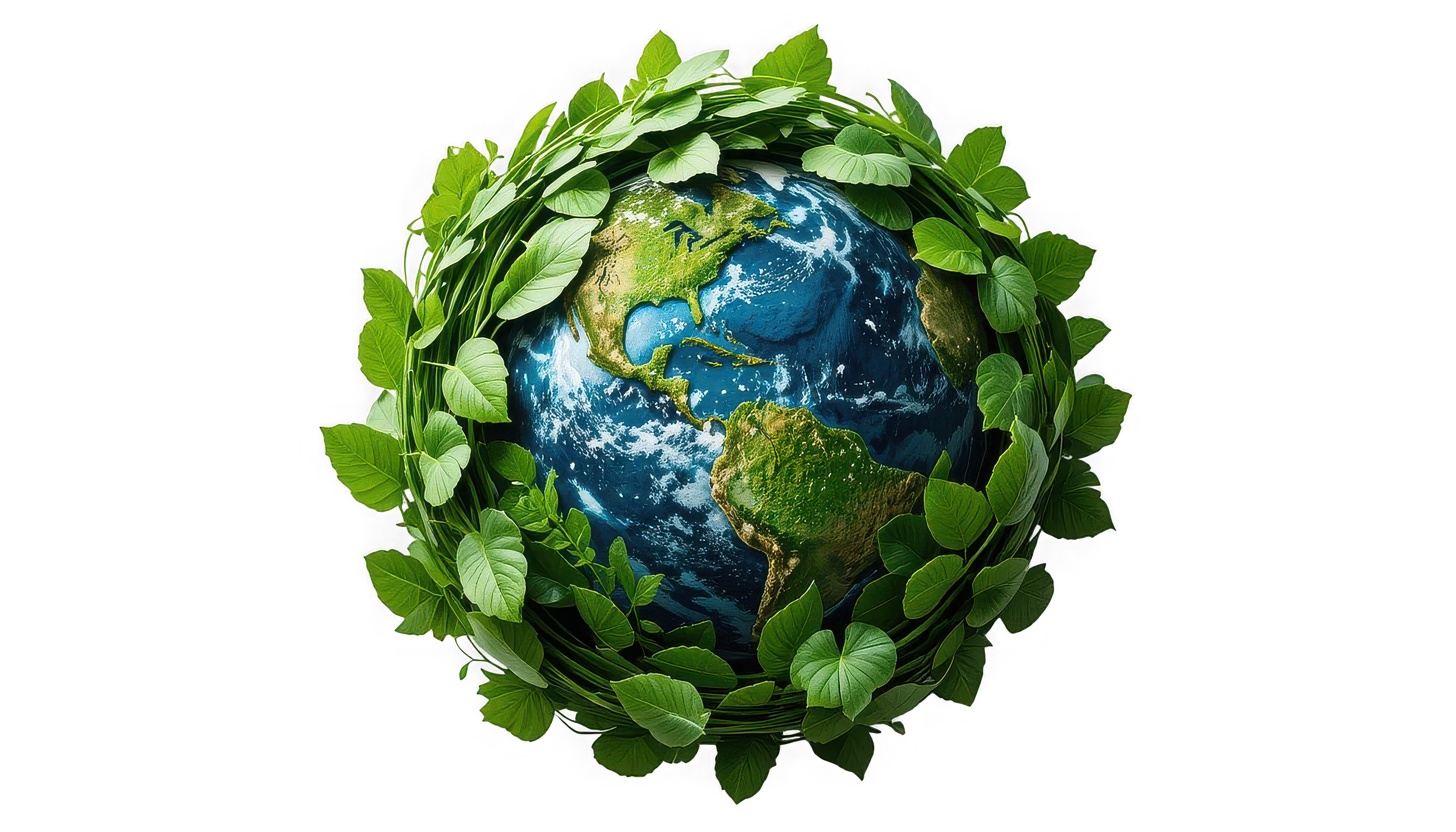 A digital illustration of Earth with green leaves encircling it, symbolizing environmental conservation.