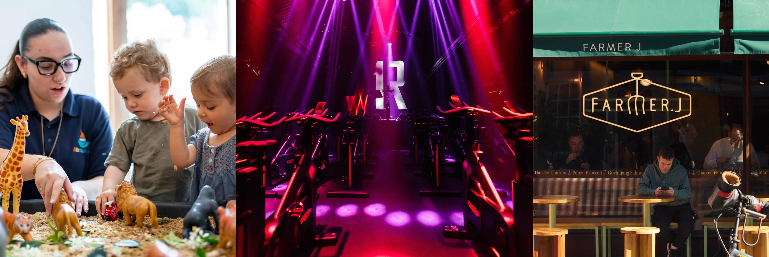 Children playing with toy animals, a concert stage with purple and red lighting, and people sitting outside a restaurant with a sign reading 'FARMER.J'.