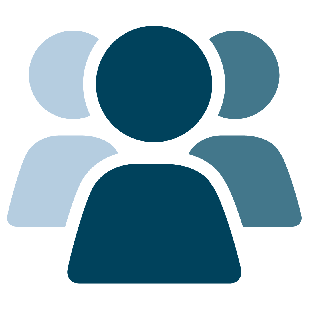 A stylized icon of four overlapping human figures in shades of blue.