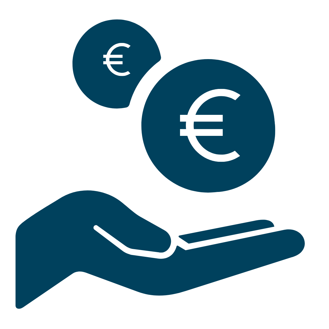 Hand holding a coin with euro symbols, symbolizing money or financial exchange.
