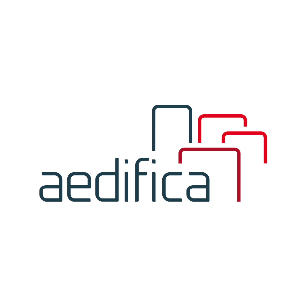 Logo with the word 'aedifica' and abstract building icons in blue and red.