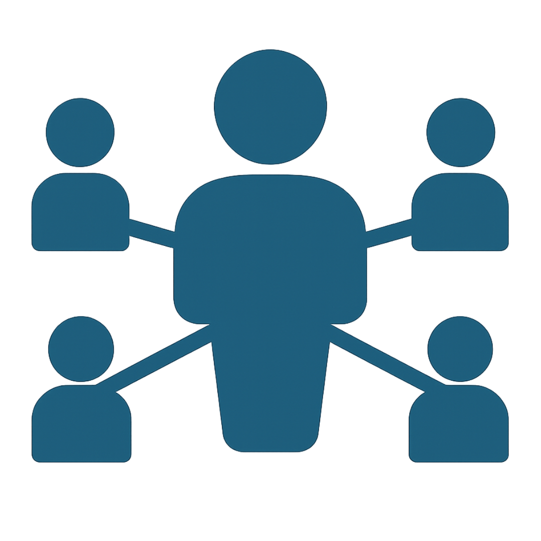 Icon of a person connected to five other people, representing a network or team.