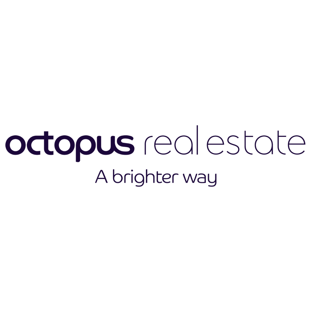 Logo for Octopus Real Estate with tagline 'A brighter way' in purple text on a black background.