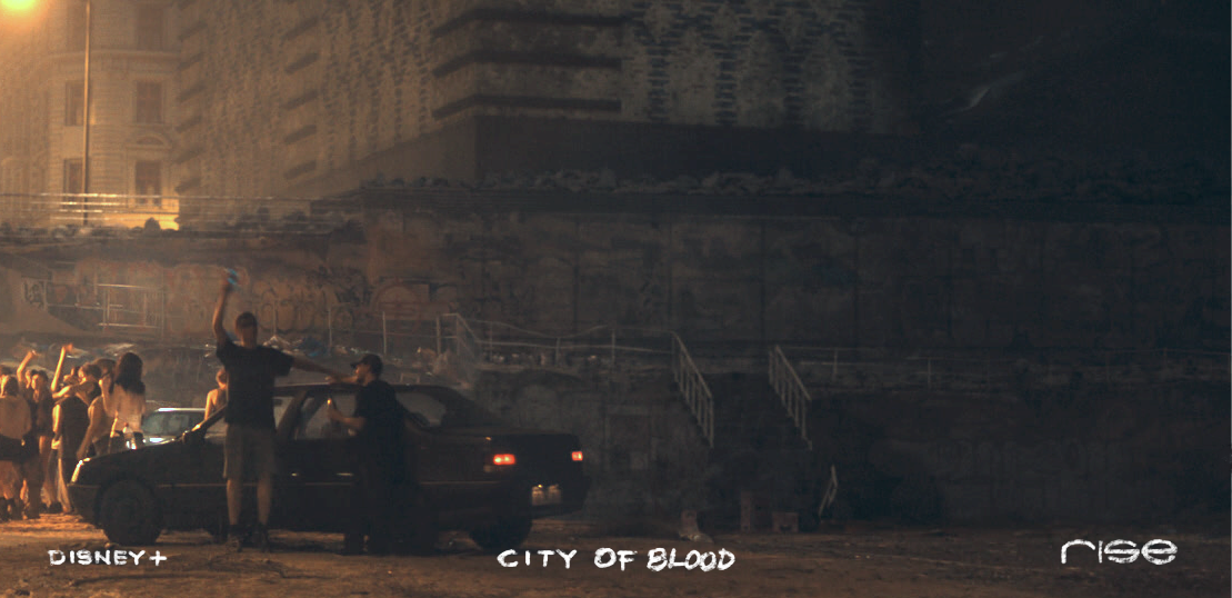 Digital matte painting and 2.5D projection setup. Close up previous shot.