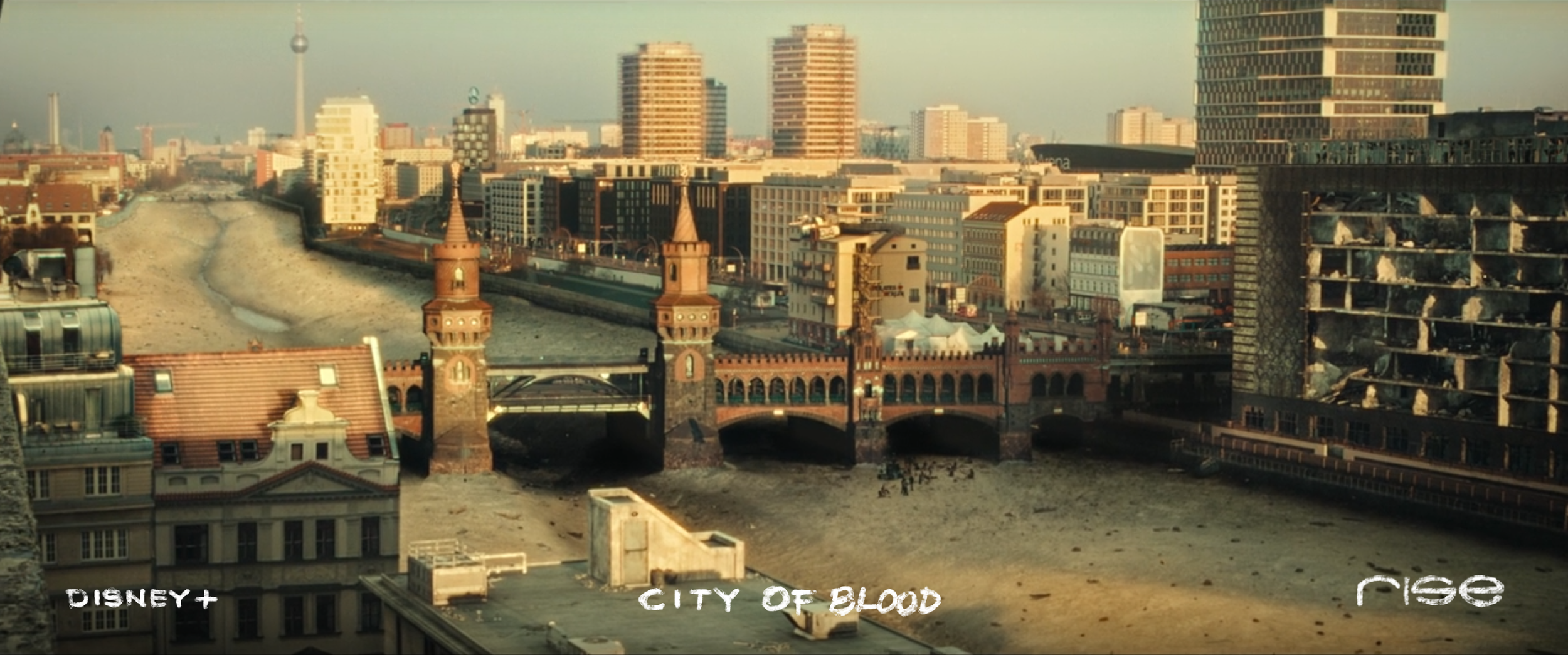 Digital matte painting, geometry nodes scattering for garbage and 2.5D projection setup.