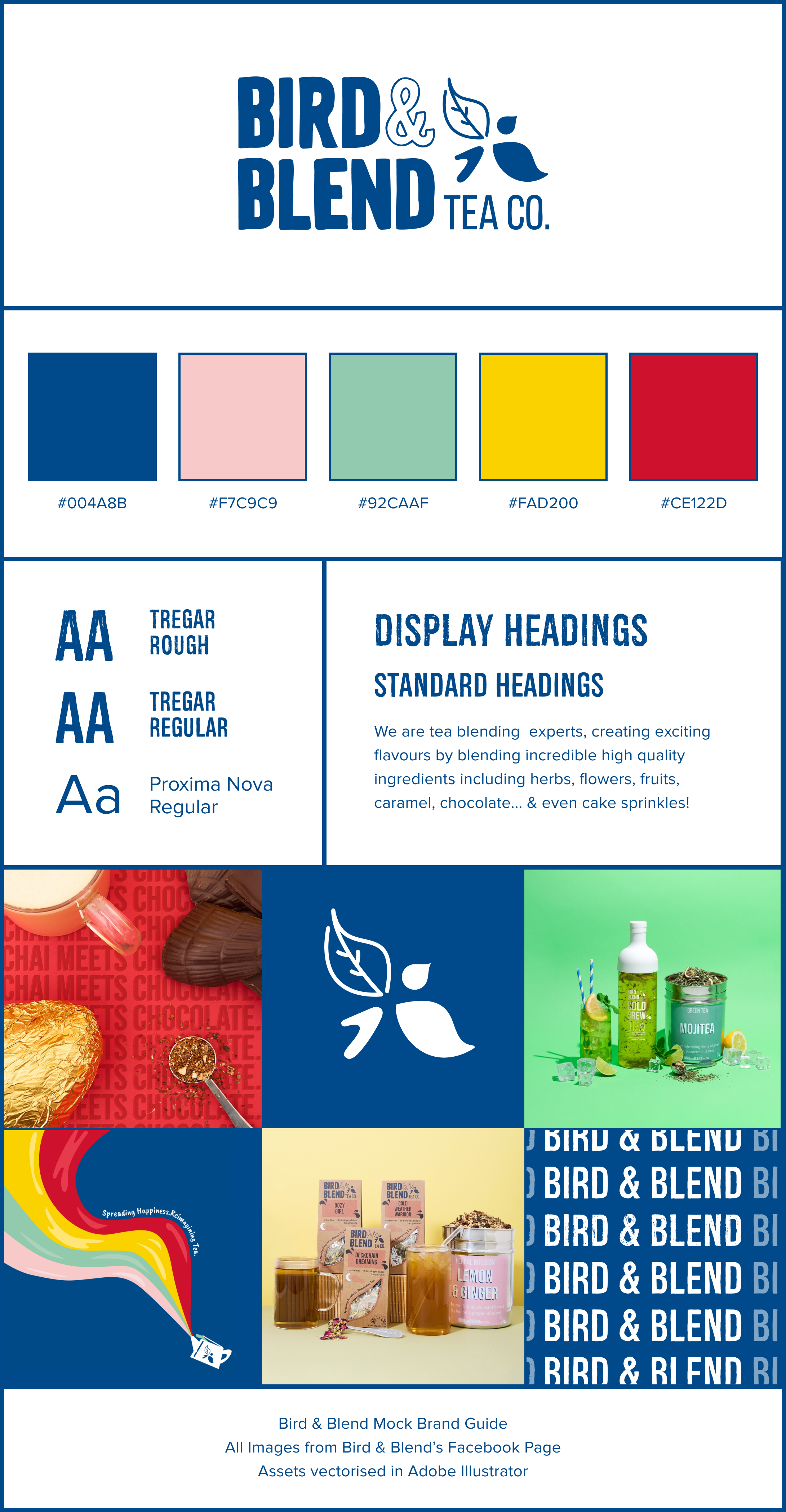 A brand guide for Bird & Blend Tea Co., featuring their colour palette, typography, and six images of their products and logos.