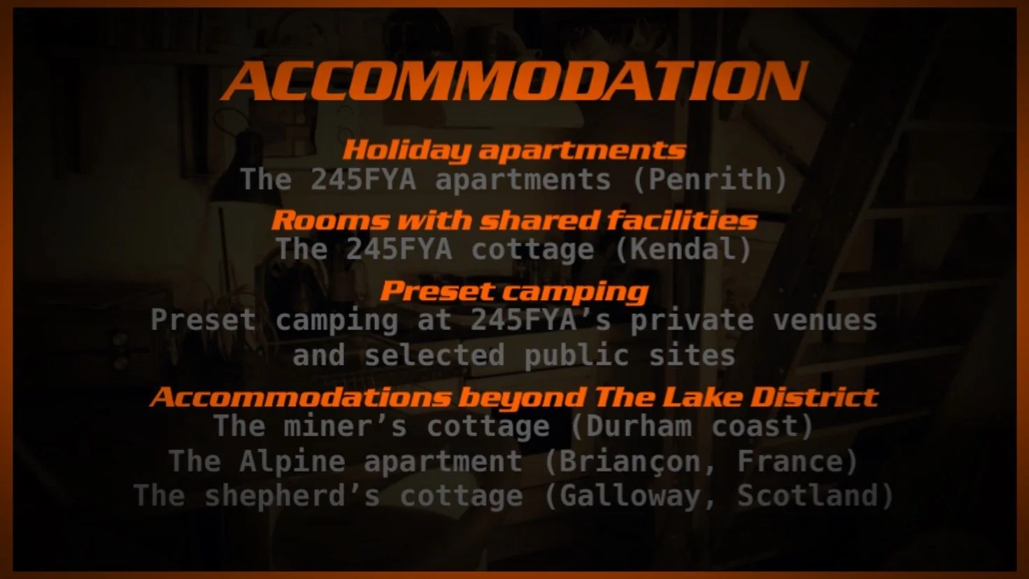 Text overlay listing accommodation options including holiday apartments, rooms with shared facilities, preset camping, and accommodations beyond The Lake District, with specific examples in Penrith, Kendal, Durham coast, Briançon, and Galloway.