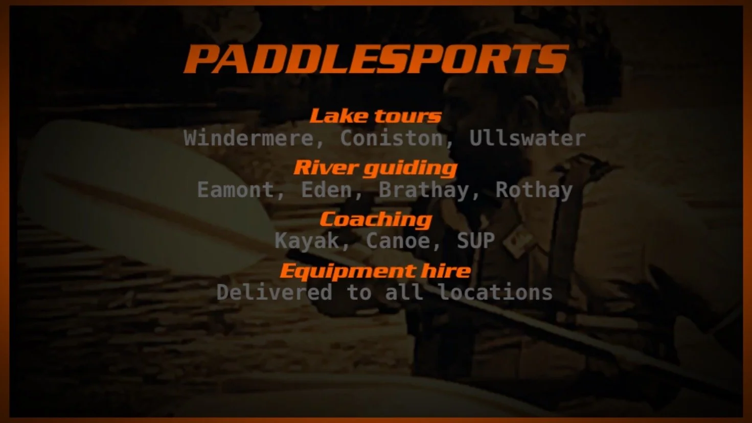 Paddlesports services including lake tours in Windermere, Coniston, Ullswater; river guiding on Eamont, Eden, Brathay, Rothay; coaching for kayak, canoe, SUP; equipment hire with delivery to all locations.