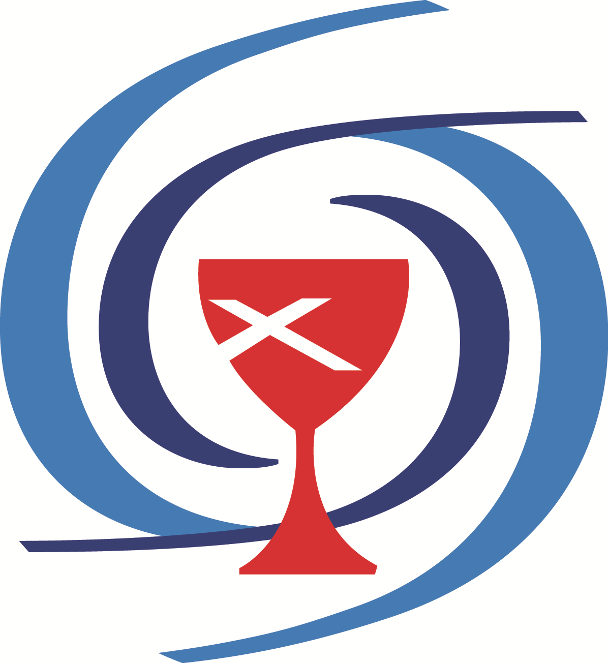 A stylized logo featuring a red wine glass with a white X and line crossing inside it, surrounded by blue swirling lines.