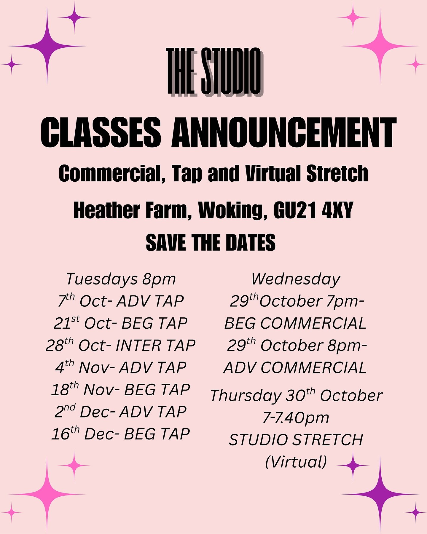 ✨ Class Update Time! ✨ We&rsquo;re leveling up this term with NEW classes and the return of some favourites 💥
👟 Commercial Dance
* New Beginners + Advanced classes added!
* Tuesdays commercial class still running as usual!
👣 Tap is BACK!
* Beginne
