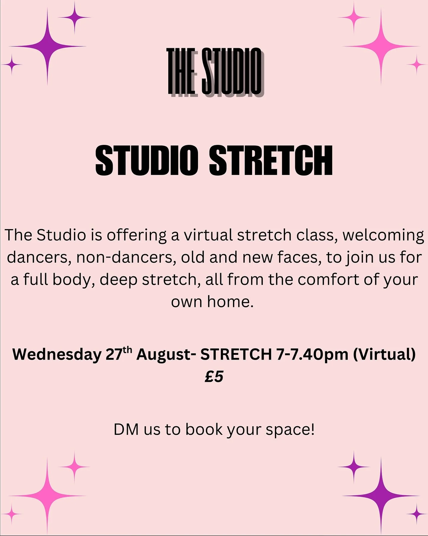 Our fourth and final summer special, &lsquo;Studio Stretch&rsquo;. The Studio is offering a virtual stretch class, welcoming dancers, non-dancers, old and new faces, to join us for a full body, deep stretch, all from the comfort of your own home.🧘✨
