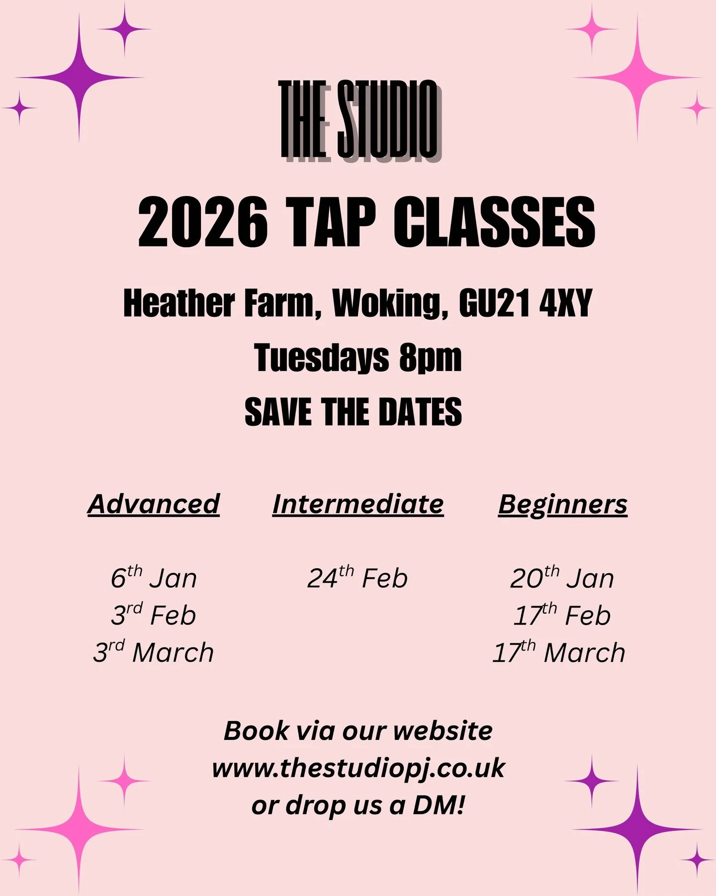 💥2026 TAP CLASSES💥

Advanced Tap- every 1st Tuesday of the month💜

Intermediate Tap- Tuesday 24th February✨

Beginners Tap- every 3rd Tuesday of the month🖤

Book via our website www.thestudiopj.co.uk or drop us a DM!🩷

#2026classes #timetable #D