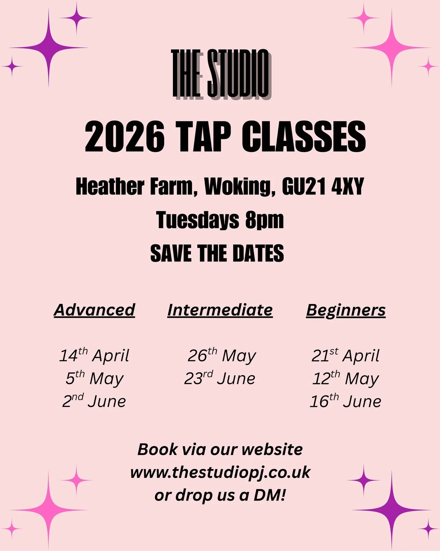 We have more Tap classes coming your way!🤩 April- June!🗓️

Dates are slightly different because of Easter etc, so double check your diary! We can&rsquo;t wait to tap with you!👣💜

#Tap #TheStudio #adultdanceschool #Woking #jasonsamuelsmith
