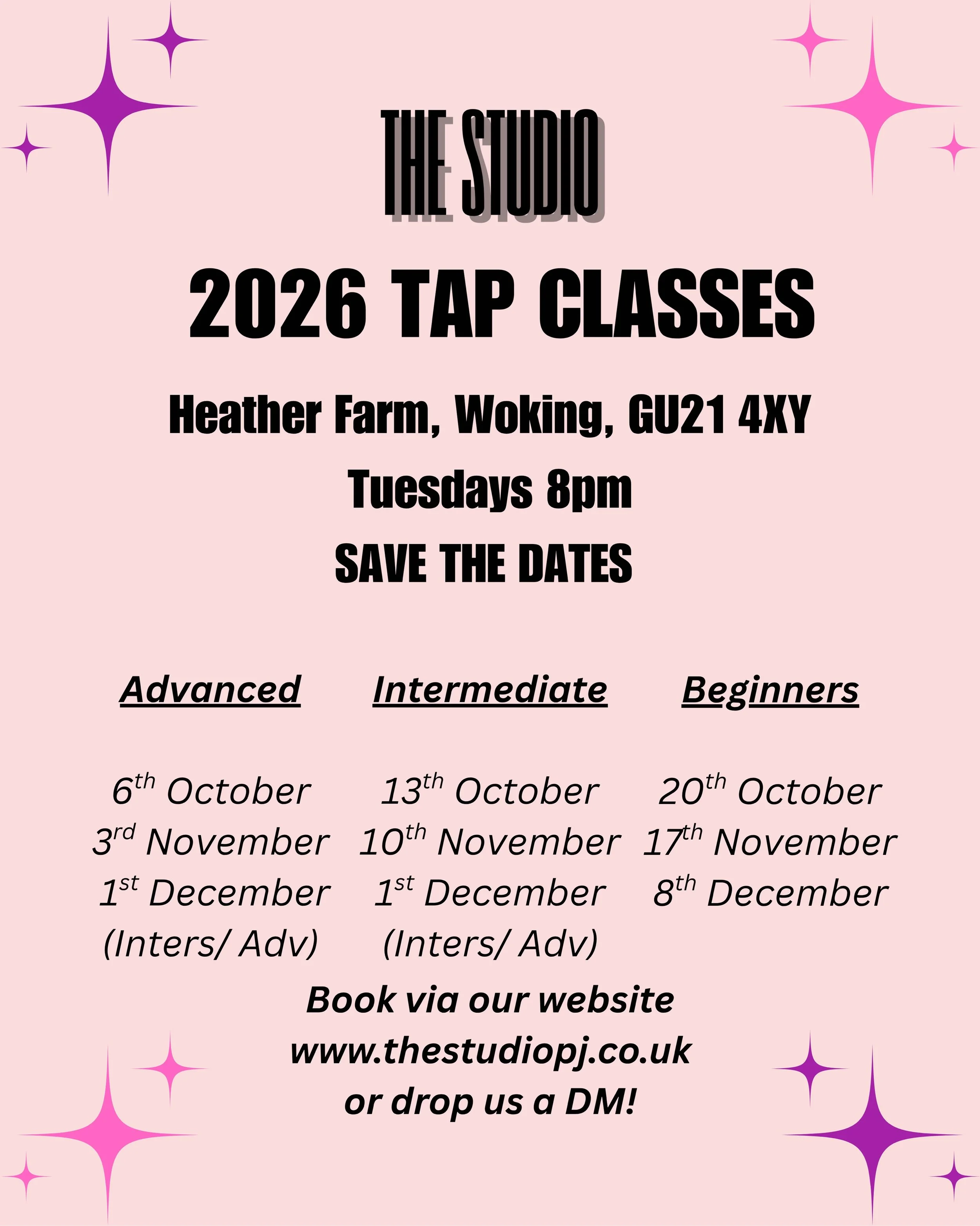 💜Tap dates October- December💜

🚀We&rsquo;re excited to be expanding Tap yet again at The Studio! We are launching Intermediate Tap on a monthly basis🤩 This level is perfect for those who have tapped before but want to work on more complex moves a