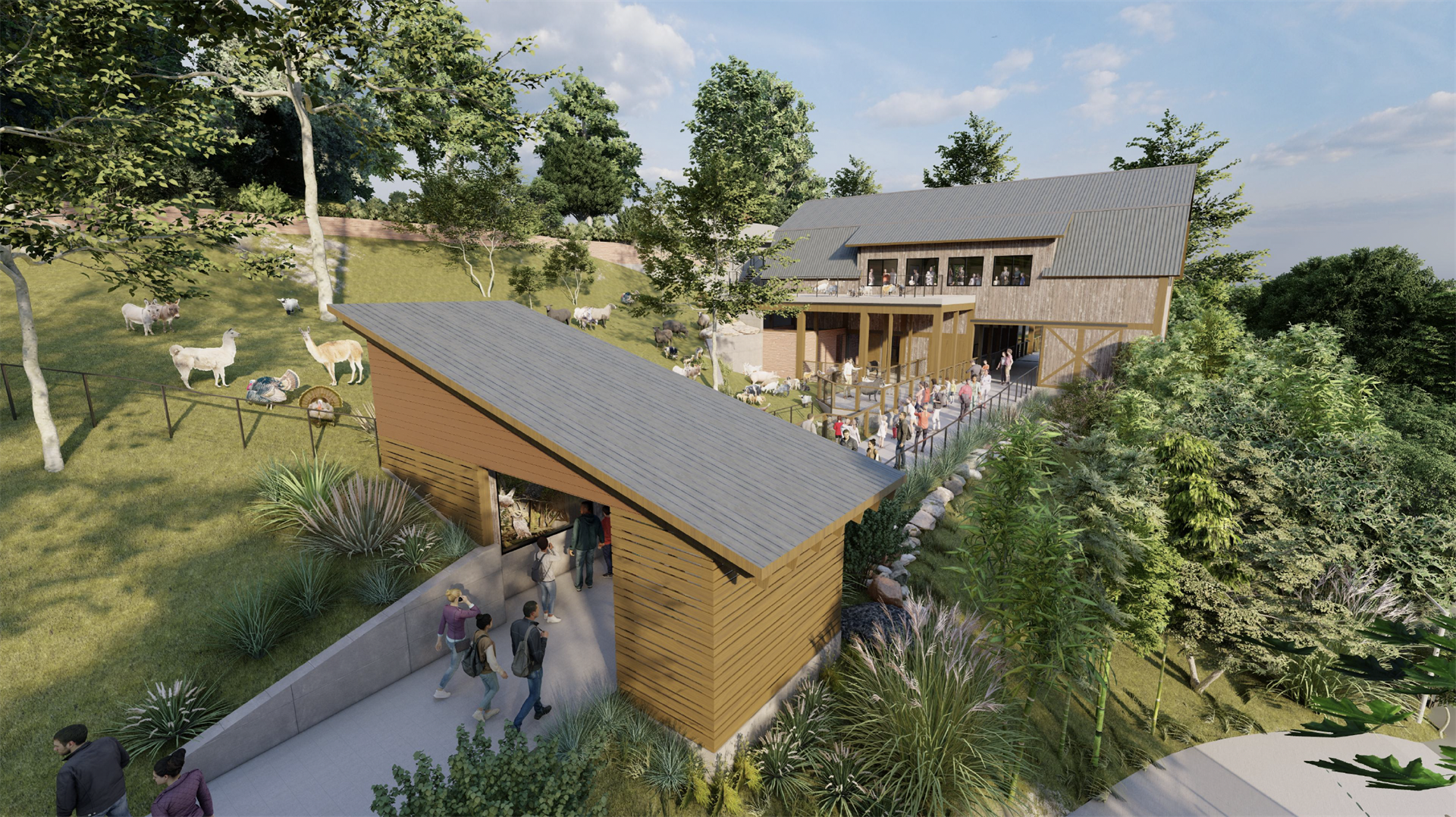 Architectural rendering of a farm with a barn and a visitor center, surrounded by trees, grazing animals, and a crowd of visitors.