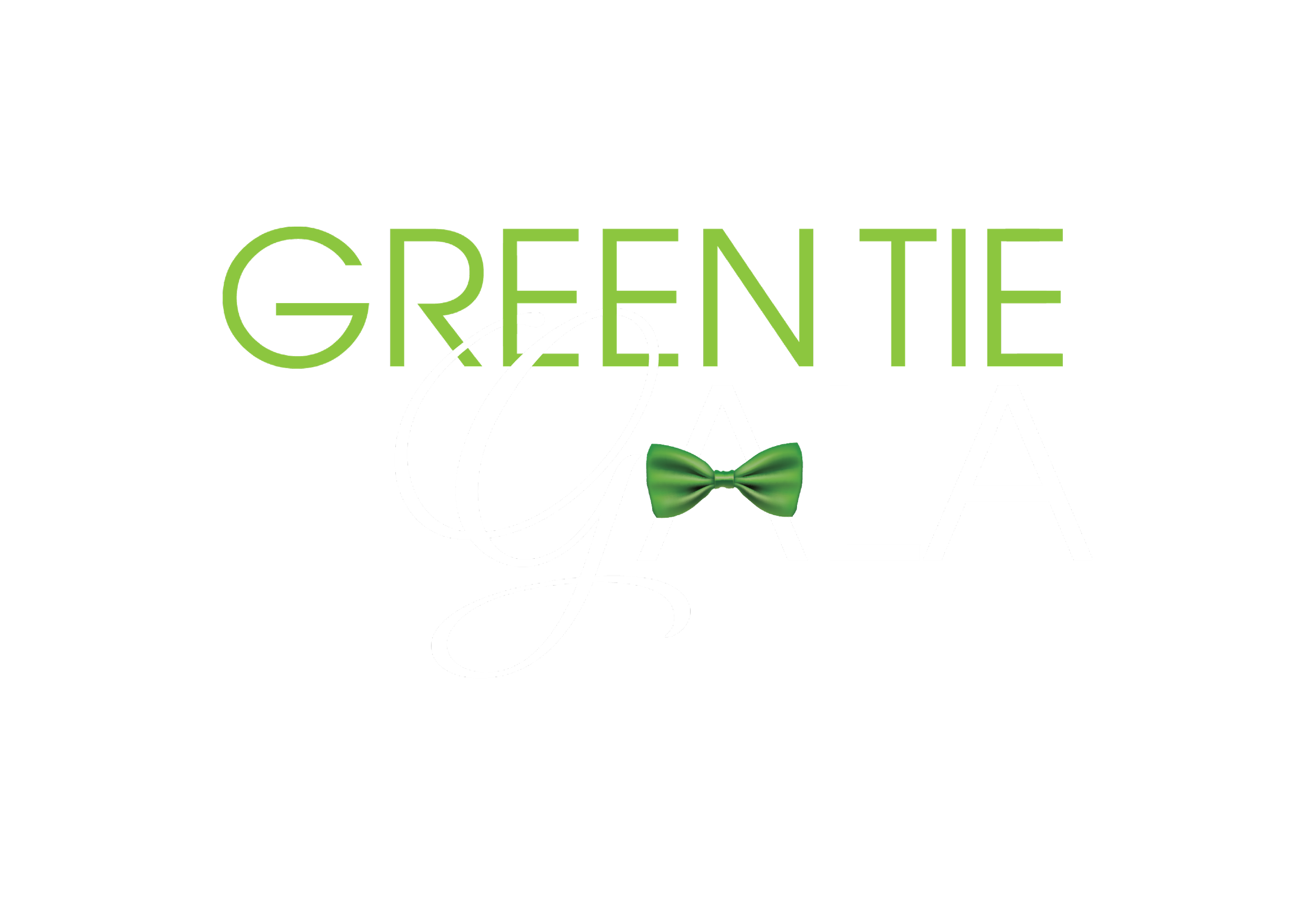 Graphic design with the words 'Green Tie Gala' in green and white text, a green bow tie, and a black background.