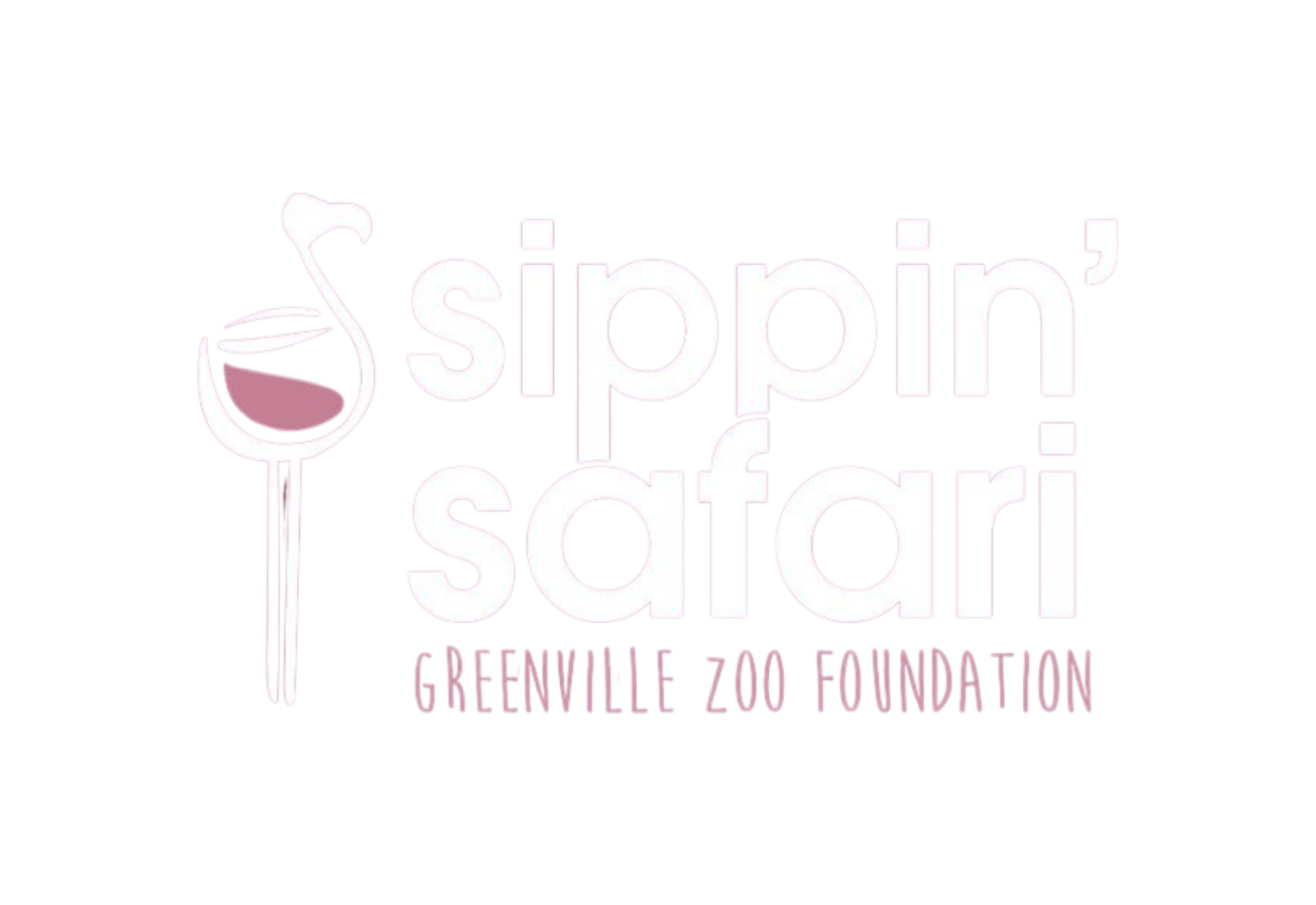 Logo for Sippin' Safari, Greenville Zoo Foundation, featuring a stylized cocktail glass with a straw, pink liquid, and a sprig of garnish, with the text "Sippin' Safari" and "Greenville Zoo Foundation" underneath.