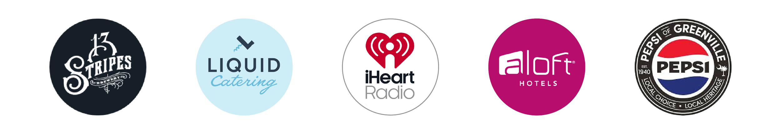 Logos of various brands including 13 Stripes, Liquid Catering, iHeartRadio, Aloft Hotels, and Pepsi