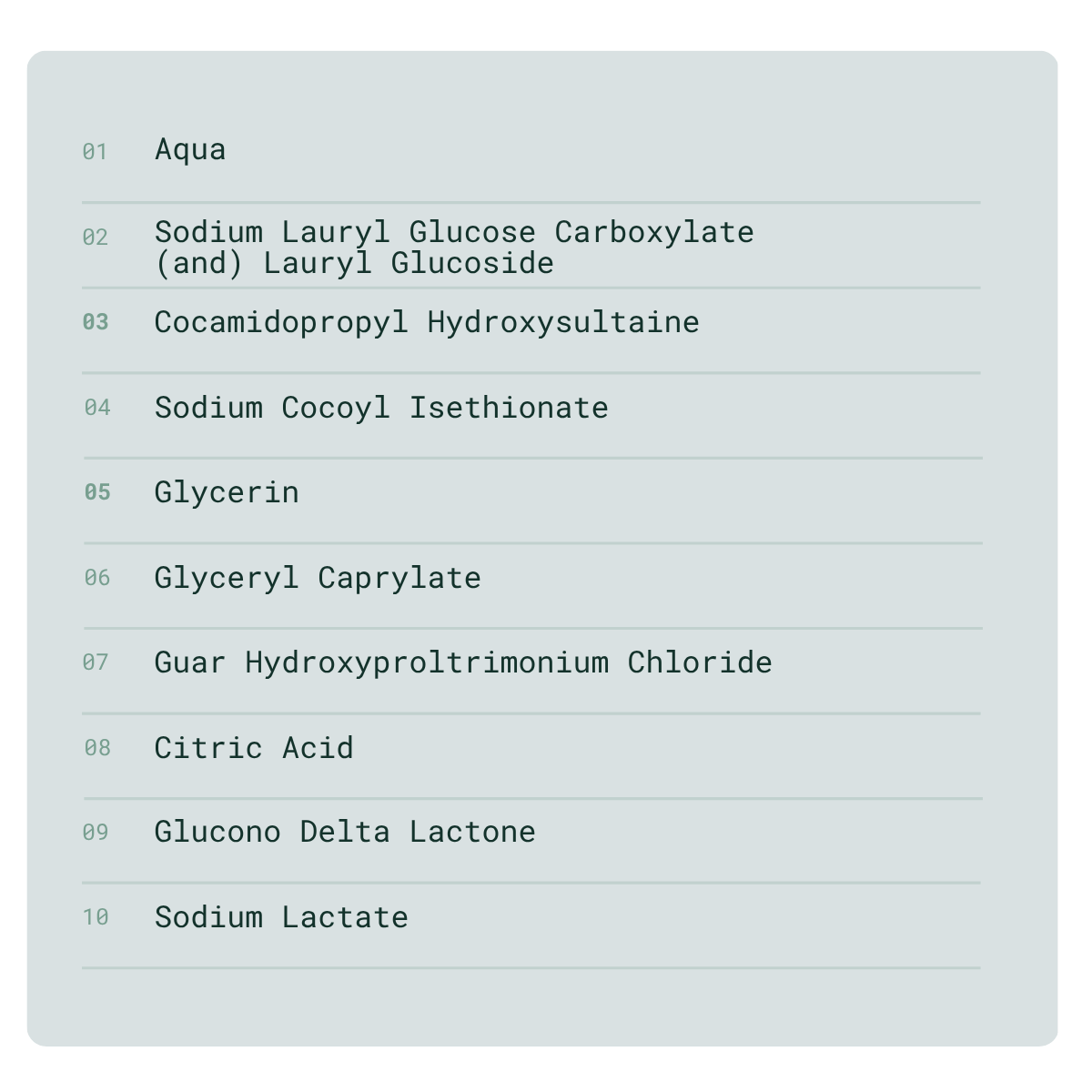 Full ingredient list for Kynd Alchemy fragrance-free hand soap, eleven ingredients in order of concentration