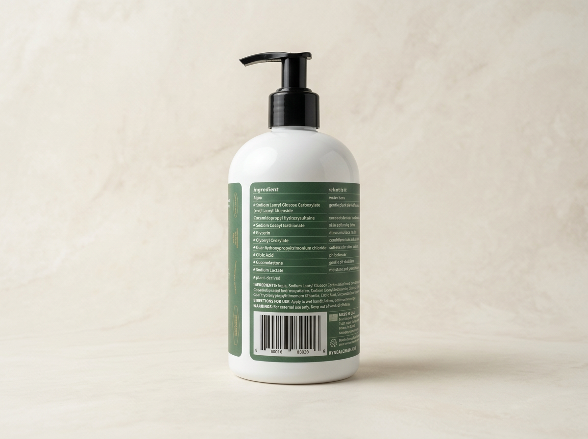 Kynd Alchemy 12 oz fragrance-free hand soap bottle, back label view