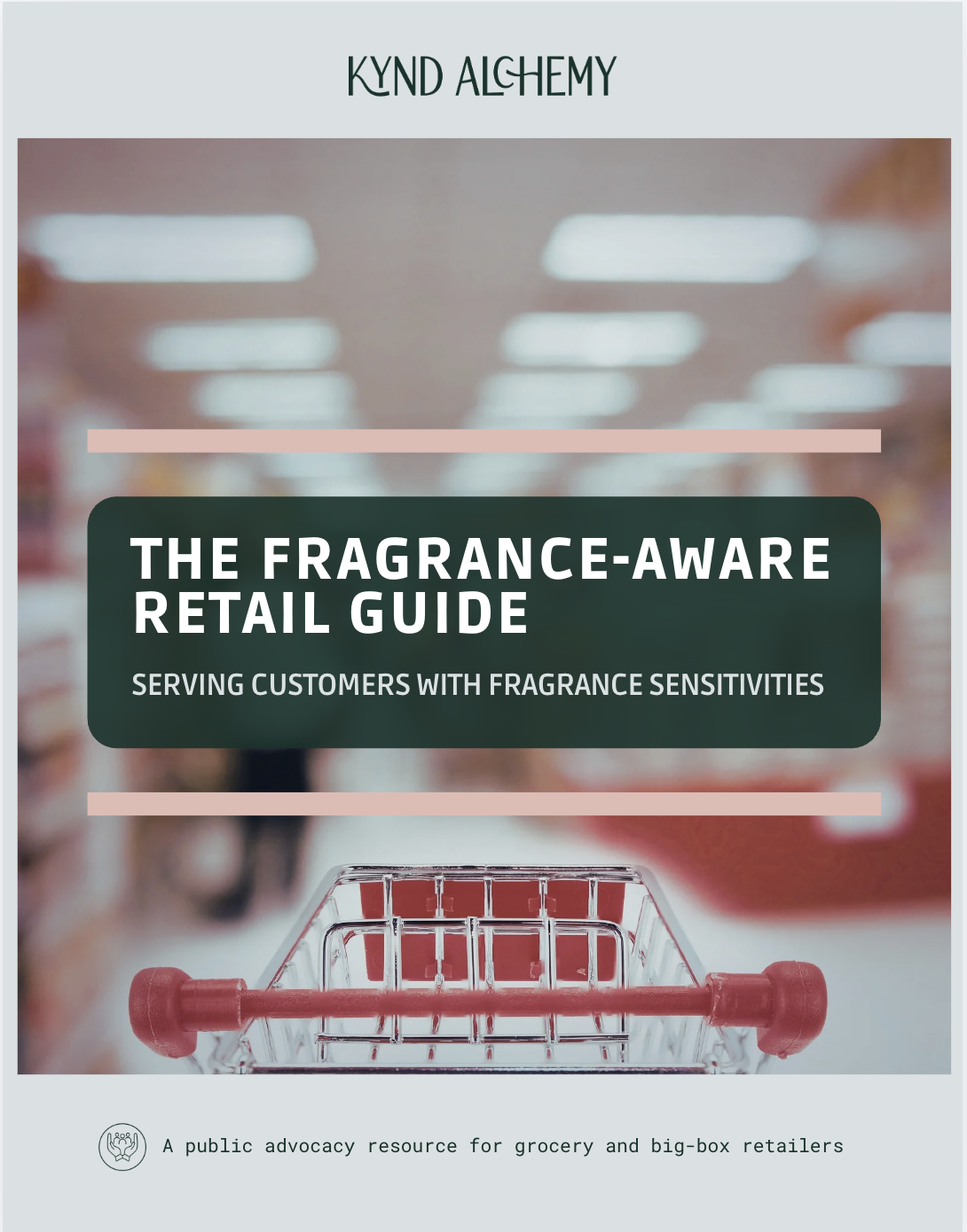 Cover of 'The Fragrance-Aware Retail Guide' showing a shopping cart in a store aisle with blurred shelves and lighting in the background.
