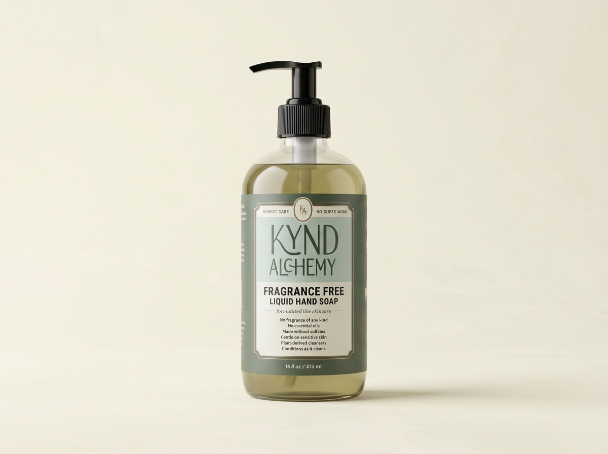 Kynd Alchemy 16 oz fragrance-free hand soap glass bottle, front label view