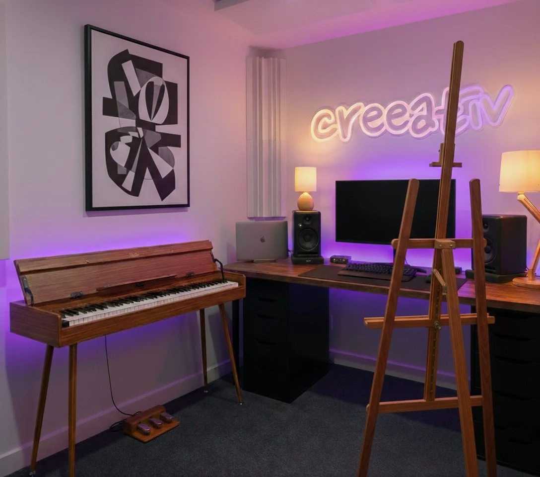 Creative studio with a wooden piano, a computer desk with a monitor, speakers, a lamp, and a neon sign that says "creeativ".