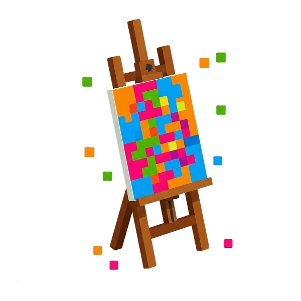 Colorful pixel art on an easel with scattered pixel art pieces around it.