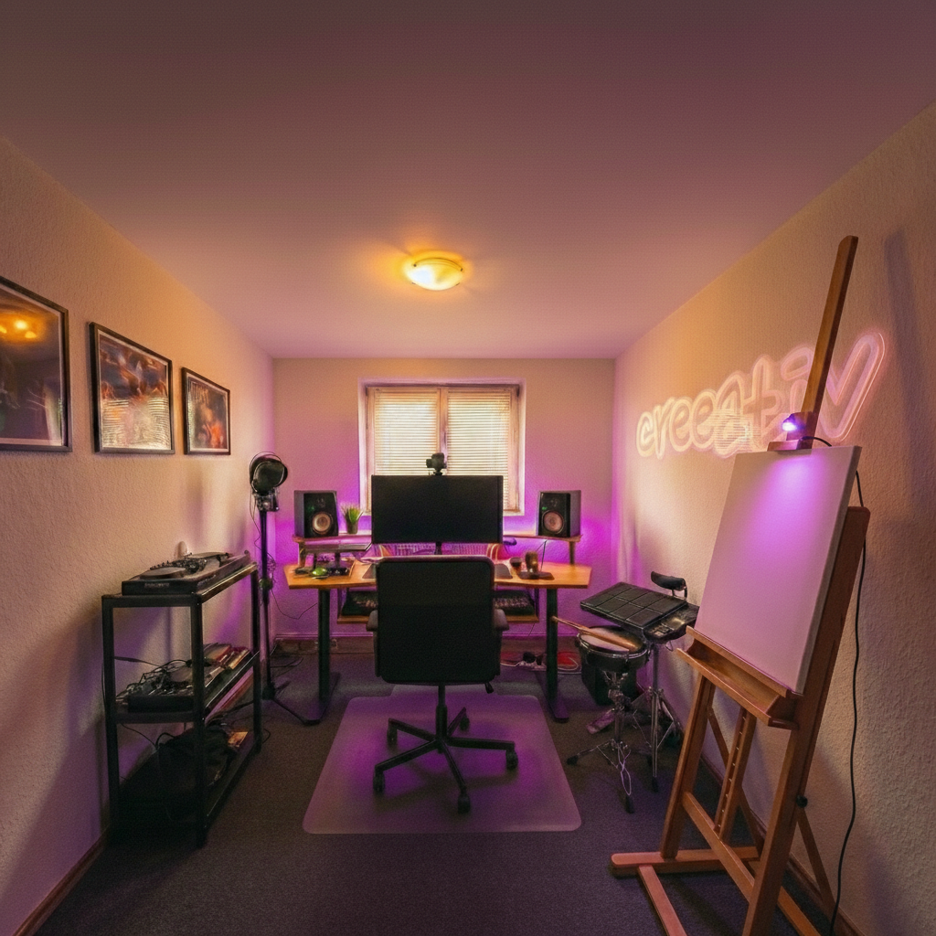 Creative studio with a wooden piano, a computer desk with a monitor, speakers, a lamp, and a neon sign that says "creeativ".