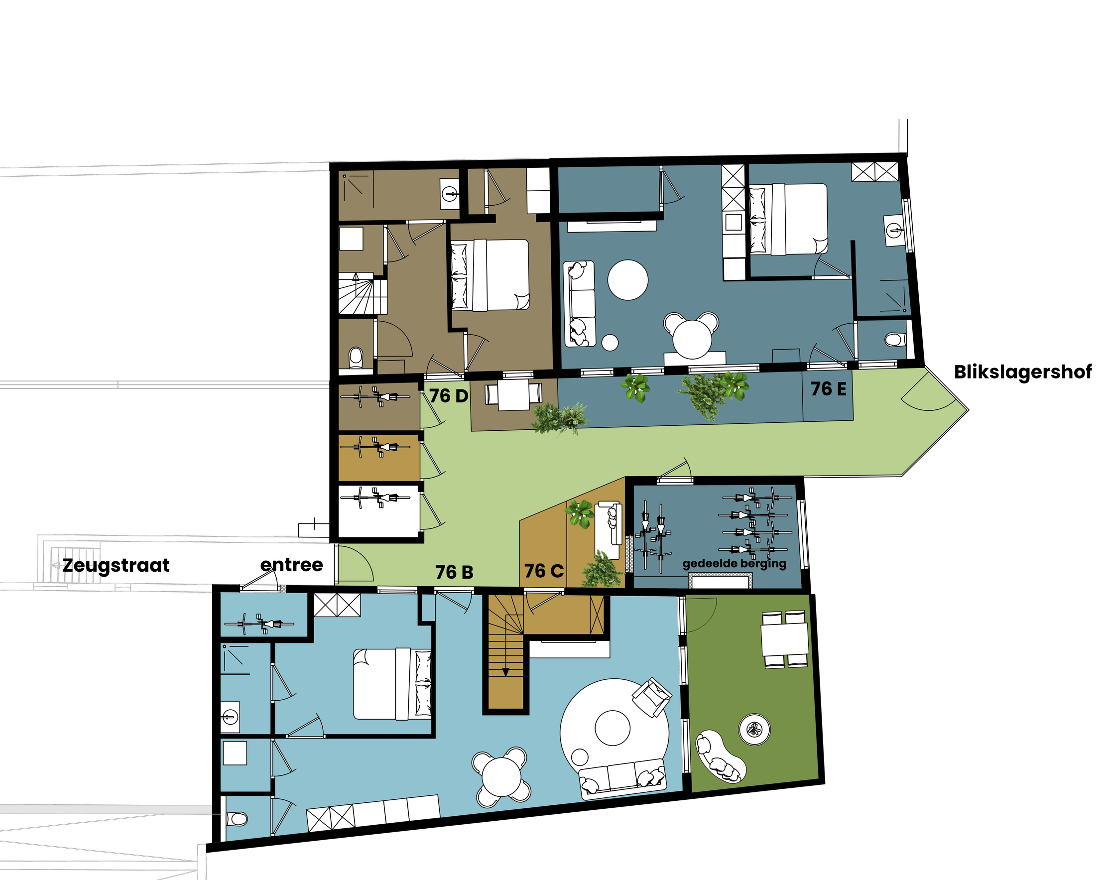Een plattegrond van appartementen met verschillende kamers, gangen en buitenruimtes, weergegeven in meerdere kleuren.
