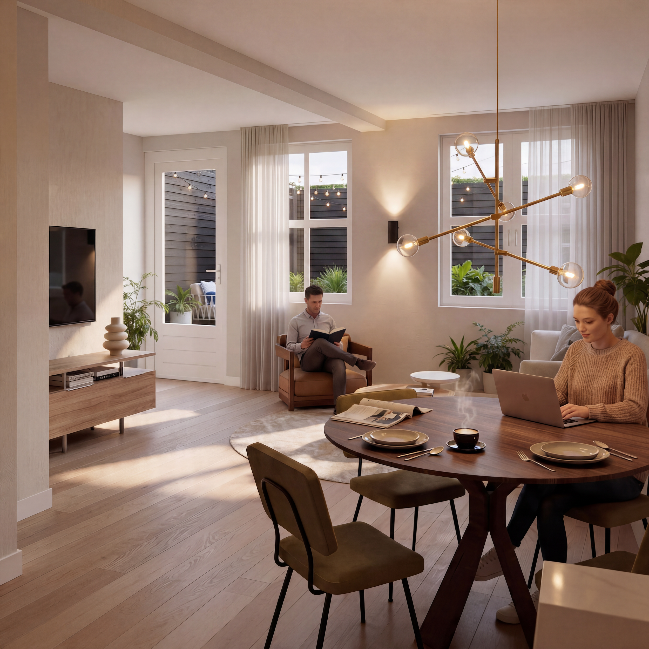 Een modern interieur met grote ramen, een houten vloer, een ronde eettafel met eetkamerstoelen, een wand met een tv, en een decoratieve vaas. Mensen zitten en lezen of werken.