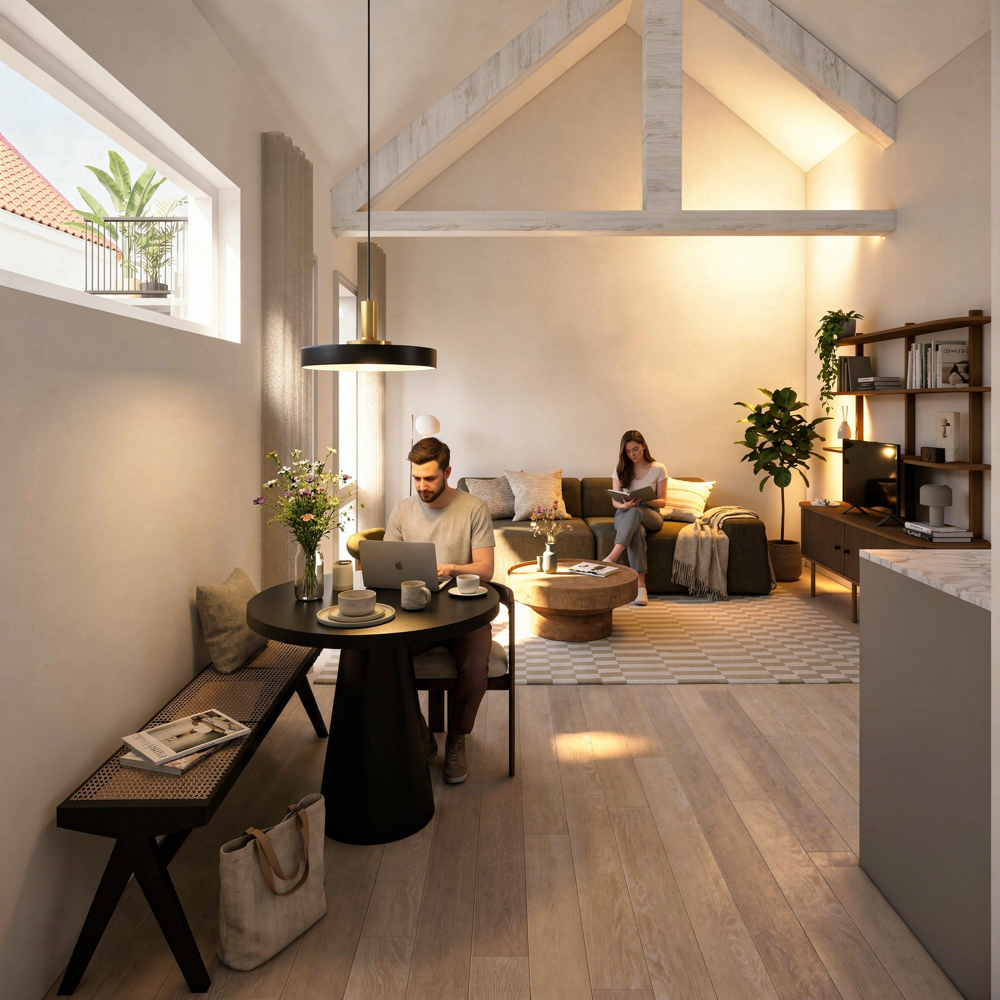 Een woonkamer met een houten vloer en hoge ramen, waarin planten en wanddecoratie te zien zijn. Mensen zitten op de bank en werken op laptops.