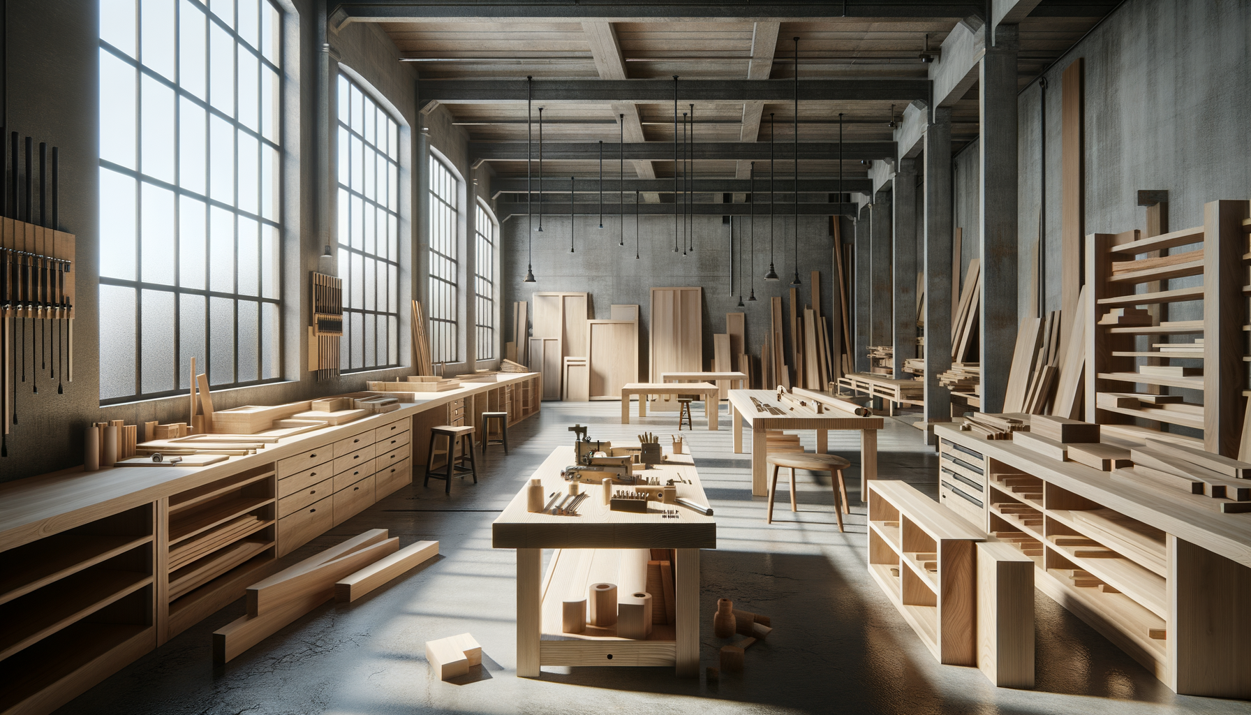 A woodworking workshop with large windows, wooden workbenches, shelves, and woodworking tools, illuminated by natural light.