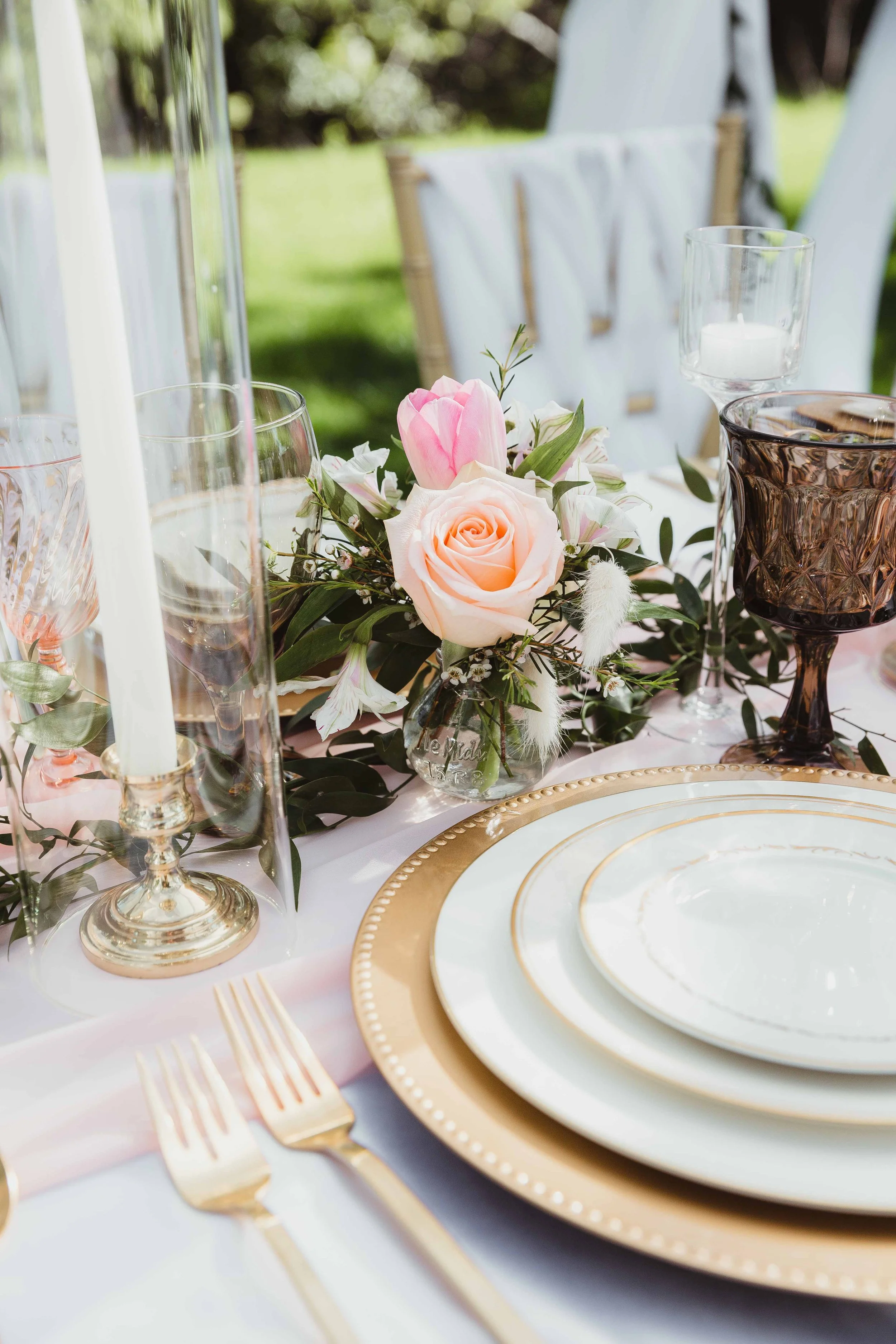Peach and Pink reception table flowers