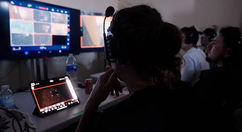 Behind-the-scenes look at the video village during production of Abandoned, where the crew watches a cinematic long-take sequence unfold in this found footage horror film.