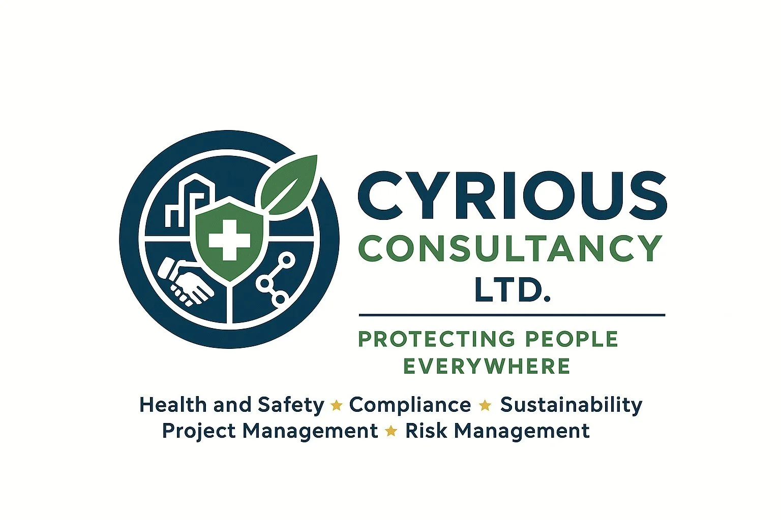 Logo of Cyrious Consultancy Ltd. Featuring a shield with a medical cross, leaf, handshake, and network icons, with the tagline 'Protecting People Everywhere' and text highlighting health, safety, compliance, sustainability, project management, and risk management.