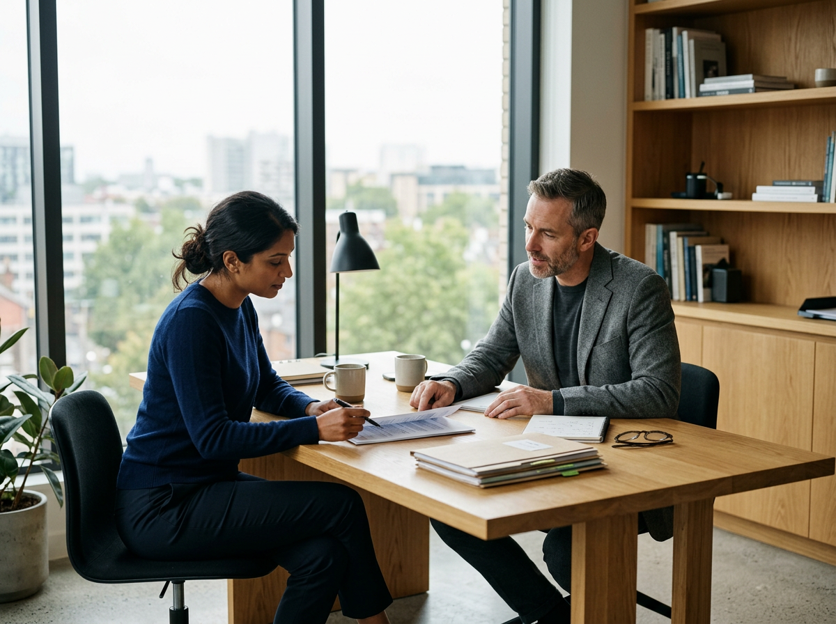 A woman and a man sitting at a wooden table in an office, engaged in a discussion with papers and a pen, with large windows and cityscape in the background.