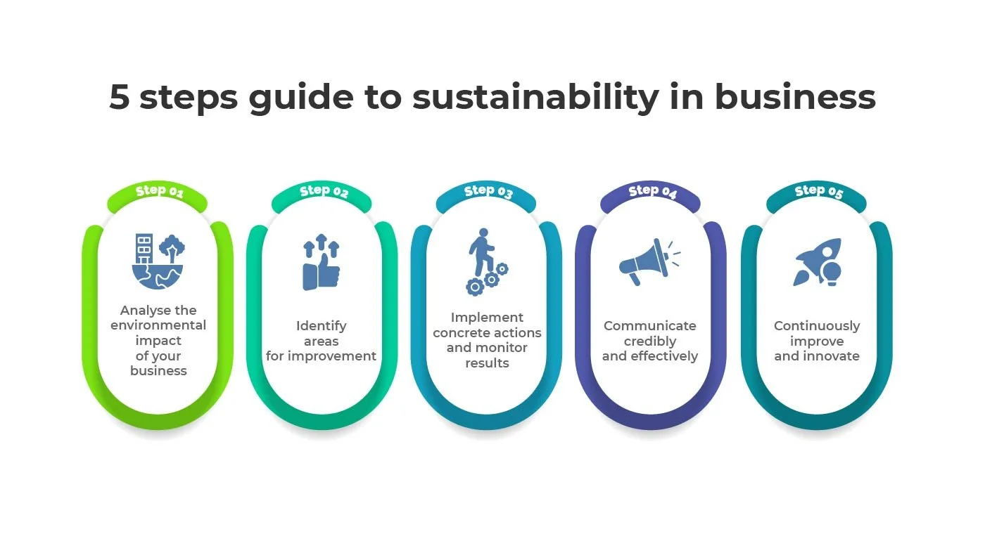 Infographic titled '5 steps guide to sustainability in business' with five numbered steps, each containing icons and descriptions for environmental impact analysis, identifying improvements, implementing actions, communicating effectively, and continuous innovation.