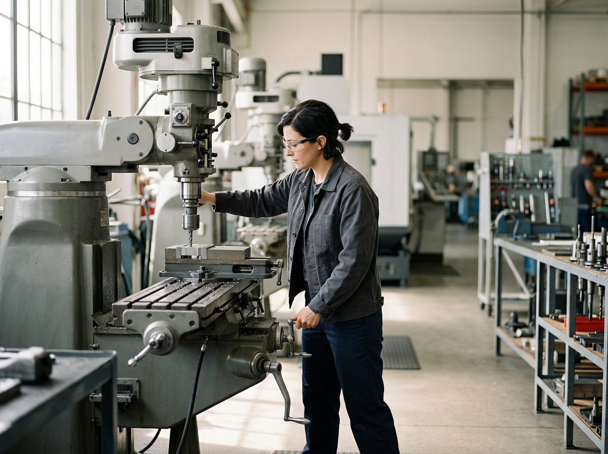 A woman operating a large milling machine in a workshop or manufacturing facility.