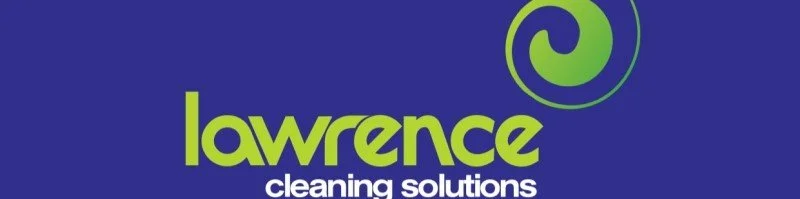 Logo of Lawrence Cleaning Solutions with green swirl and blue background.