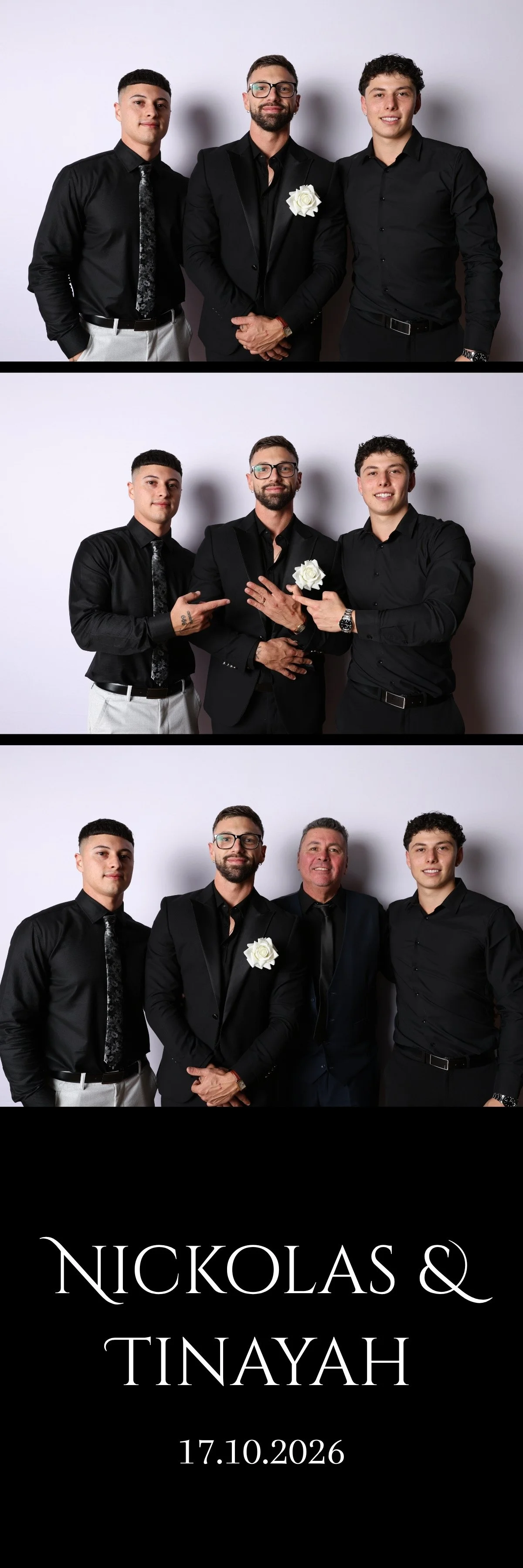 Three photos of men in formal black clothing, with a white background, featuring a man with glasses and a white flower on his lapel. They appear to be celebrating a special event, with the third photo including a man in a suit. The bottom part of the image has black background with white text reading 'NICKOLAS & TINAYAH 17.10.2026'.