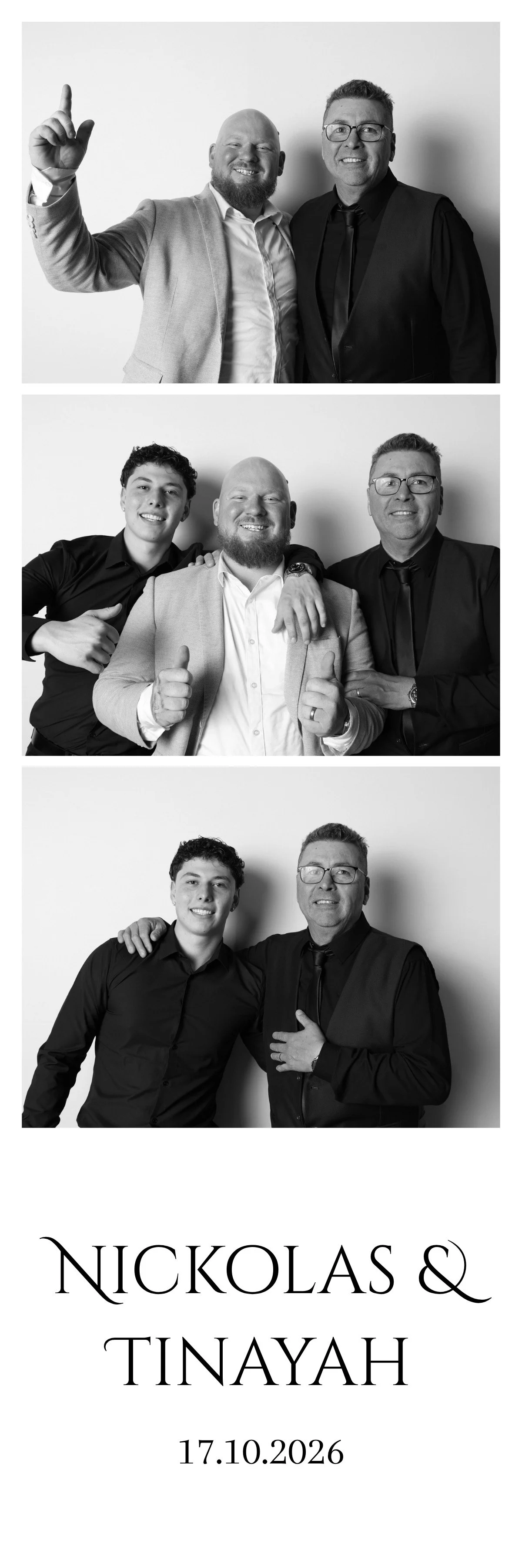 Black and white wedding photo collage of three images, featuring four men in formal attire. The first image shows two men smiling, one with his arm raised. The second image has three men: one young man on the left giving a thumbs-up, the man with his arm around his shoulder, and another man on the right. The third image shows two men, one with his hand on his chest. Below the photos, there is text with the names 'Nickolas & Tiniyah' and the date '17.10.2026' in elegant font.