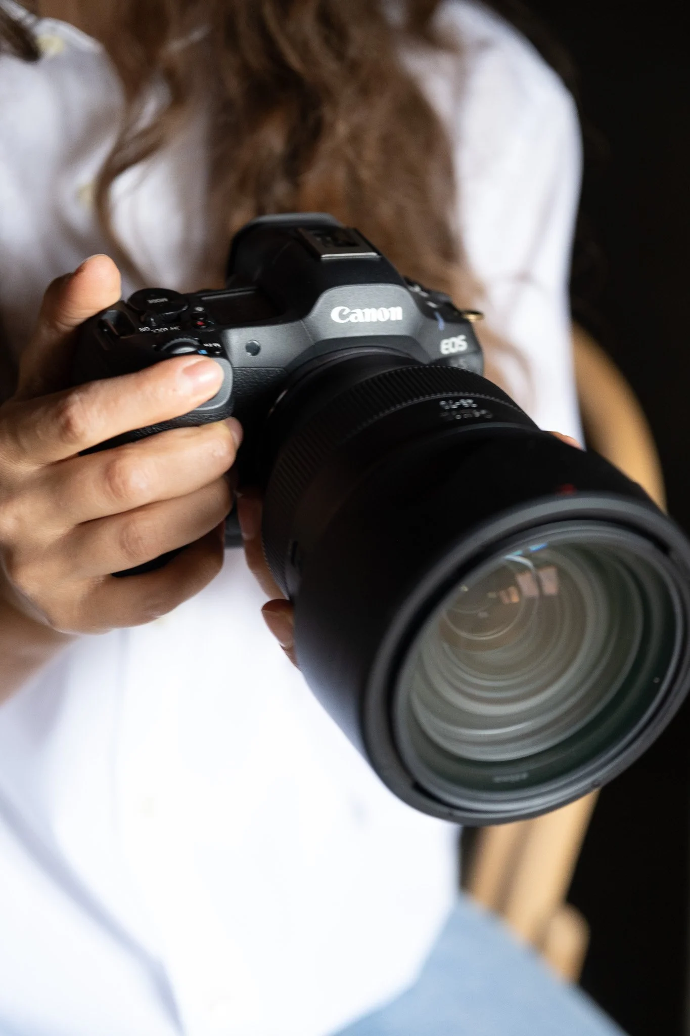 Person holding a Canon EOS camera with a large lens, close-up of the camera and person's hands.