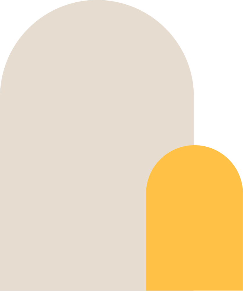Minimalist abstract design with large beige rounded arch on the left and smaller yellow rounded arch on the right against a black background.